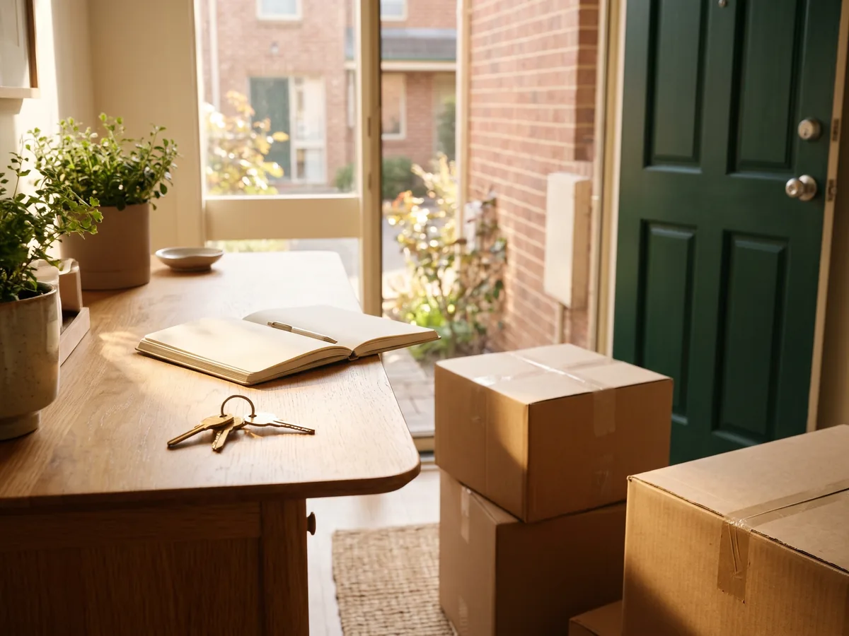 Brass house keys on a sunlit wooden console beside neatly taped moving boxes in a bright residential entryway