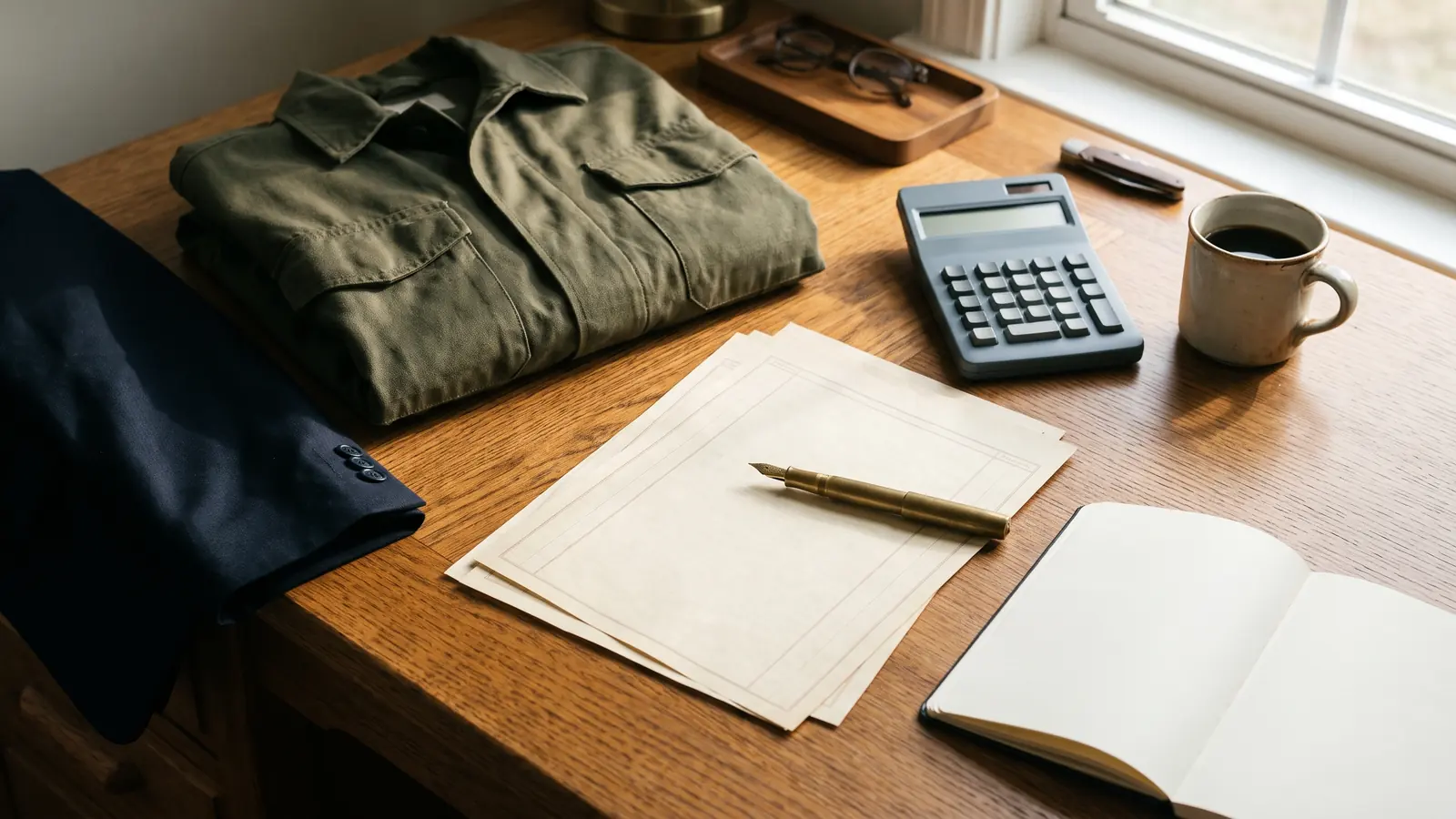 Warm sunlit oak study desk with folded olive field jacket cuff, brass pen, blank cream ledger sheets, and matte calculator symbolizing career transition planning
